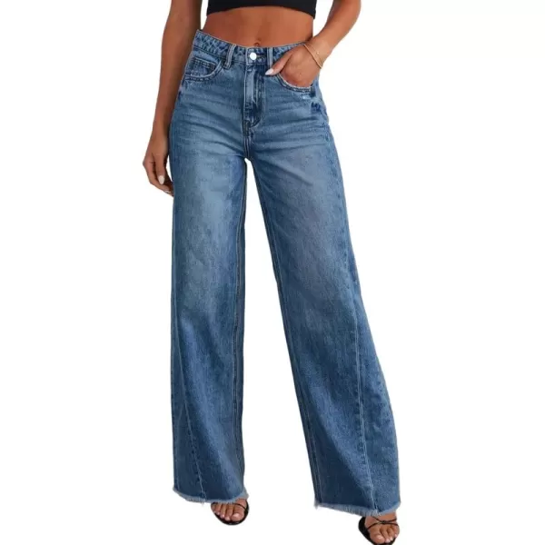 Sidefeel Womens Wide Leg Jeans High Waisted Strechy Raw Hem Denim PantsBlue