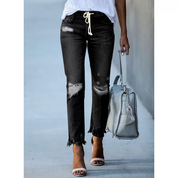 Sidefeel Womens Cargo Jeans High Waisted Ripped Denim Joggers Elastic Drawstring Waist Pants Pull On TrousersY1 Black