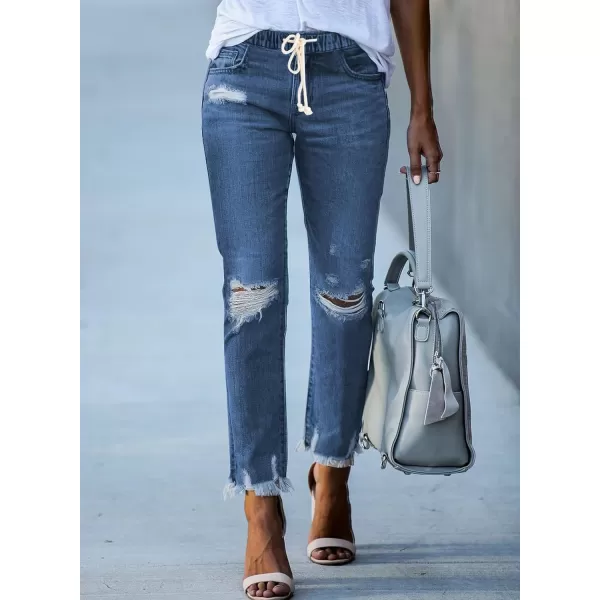 Sidefeel Womens Cargo Jeans High Waisted Ripped Denim Joggers Elastic Drawstring Waist Pants Pull On TrousersY1 Blue