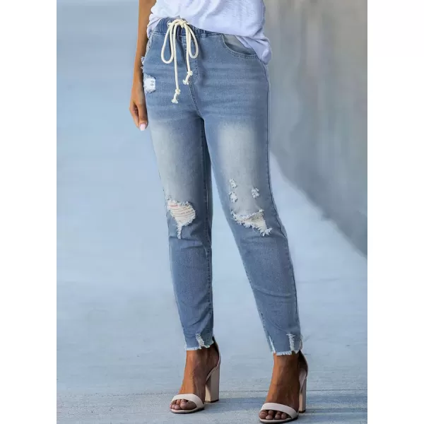 Sidefeel Womens Cargo Jeans High Waisted Ripped Denim Joggers Elastic Drawstring Waist Pants Pull On TrousersY1 Sky Blue