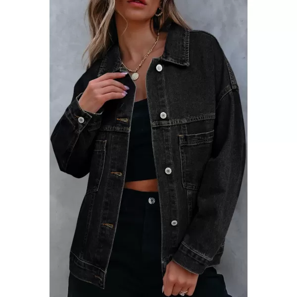 Sidefeel Womens Denim Jean Jackets Casual Long Sleeve 2024 Fall Outfits Oversized Jean Coat with PocketsBlack