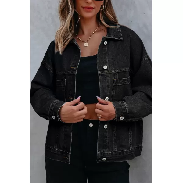 Sidefeel Womens Denim Jean Jackets Casual Long Sleeve 2024 Fall Outfits Oversized Jean Coat with PocketsBlack