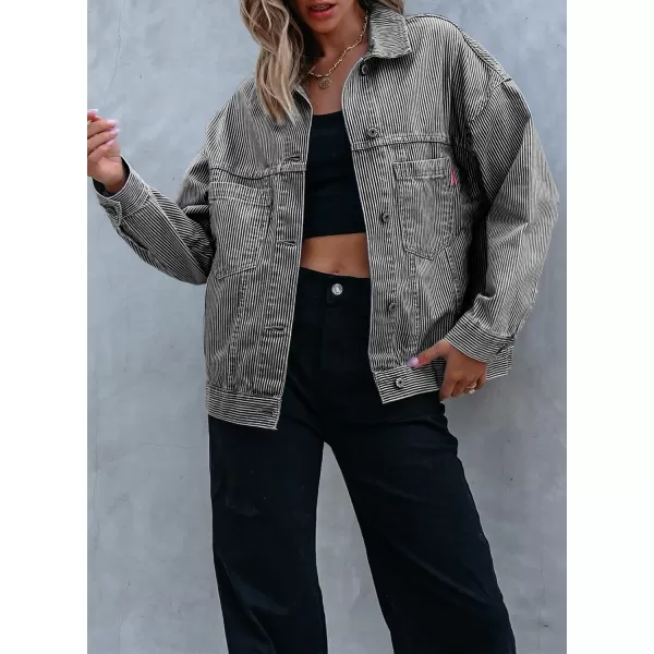 Sidefeel Womens Denim Jean Jackets Casual Long Sleeve 2024 Fall Outfits Oversized Jean Coat with PocketsBlack Stripe