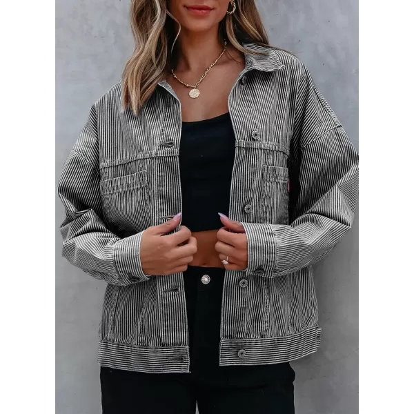 Sidefeel Womens Denim Jean Jackets Casual Long Sleeve 2024 Fall Outfits Oversized Jean Coat with PocketsBlack Stripe