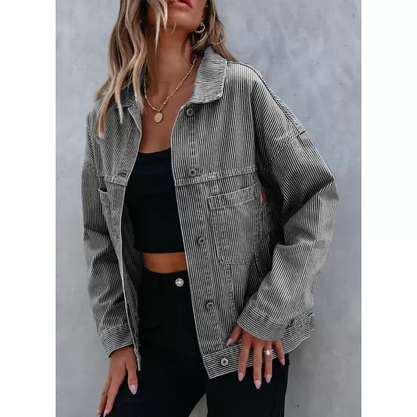 Sidefeel Womens Denim Jean Jackets Casual Long Sleeve 2024 Fall Outfits Oversized Jean Coat with PocketsBlack Stripe