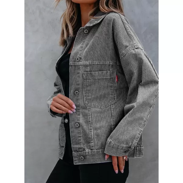 Sidefeel Womens Denim Jean Jackets Casual Long Sleeve 2024 Fall Outfits Oversized Jean Coat with PocketsBlack Stripe