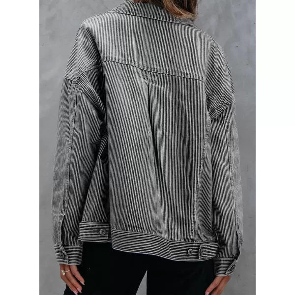 Sidefeel Womens Denim Jean Jackets Casual Long Sleeve 2024 Fall Outfits Oversized Jean Coat with PocketsBlack Stripe