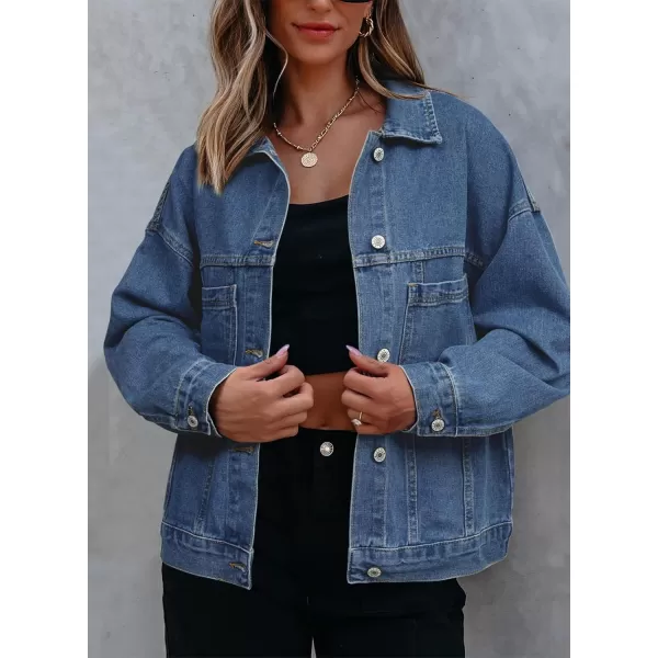 Sidefeel Womens Denim Jean Jackets Casual Long Sleeve 2024 Fall Outfits Oversized Jean Coat with PocketsDark Blue