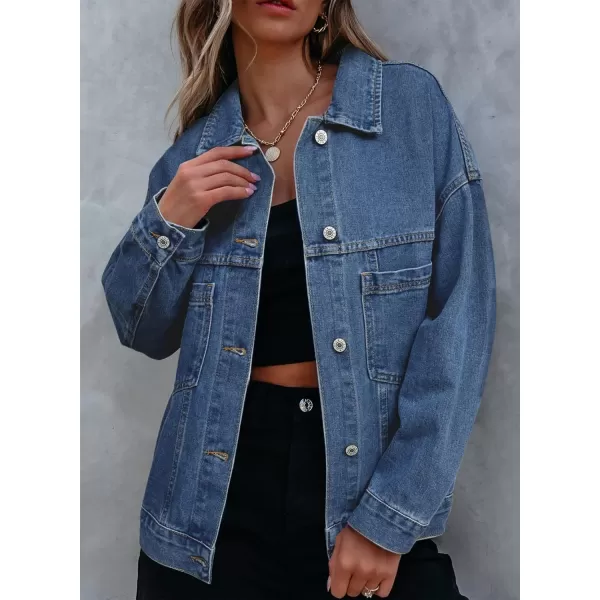 Sidefeel Womens Denim Jean Jackets Casual Long Sleeve 2024 Fall Outfits Oversized Jean Coat with PocketsDark Blue
