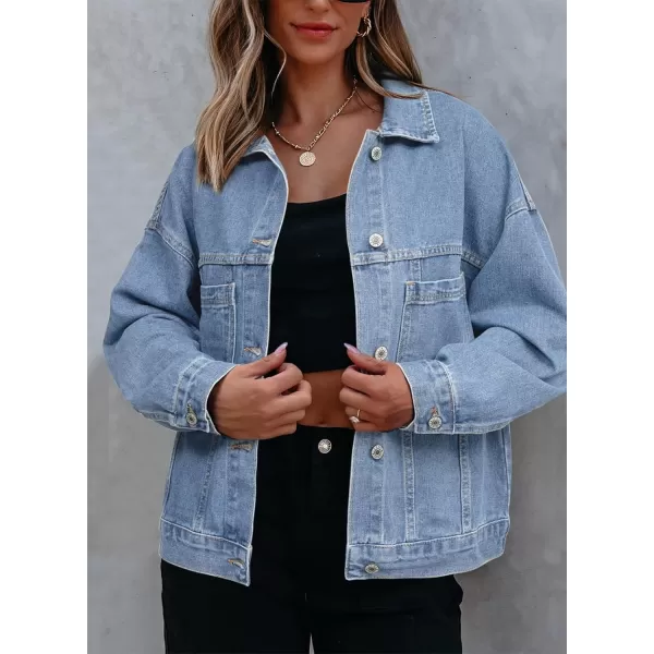 Sidefeel Womens Denim Jean Jackets Casual Long Sleeve 2024 Fall Outfits Oversized Jean Coat with PocketsLight Blue