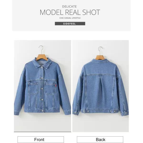 Sidefeel Womens Denim Jean Jackets Casual Long Sleeve 2024 Fall Outfits Oversized Jean Coat with PocketsLight Blue