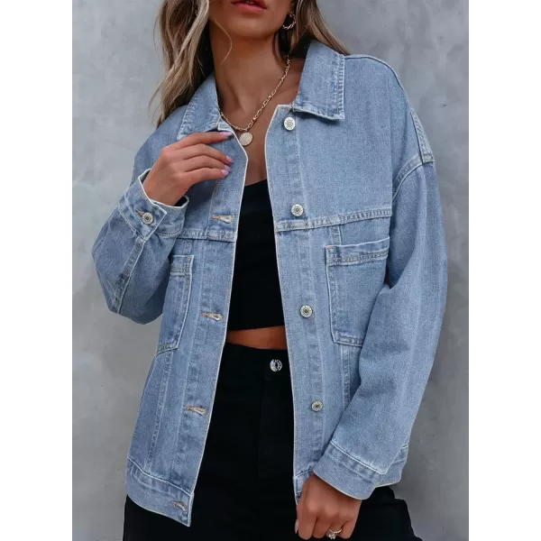 Sidefeel Womens Denim Jean Jackets Casual Long Sleeve 2024 Fall Outfits Oversized Jean Coat with PocketsLight Blue