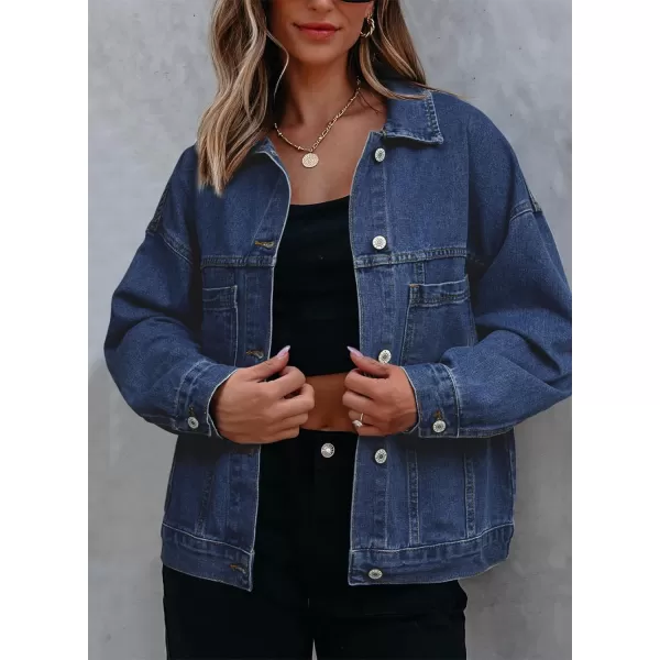 Sidefeel Womens Denim Jean Jackets Casual Long Sleeve 2024 Fall Outfits Oversized Jean Coat with PocketsNavy Blue