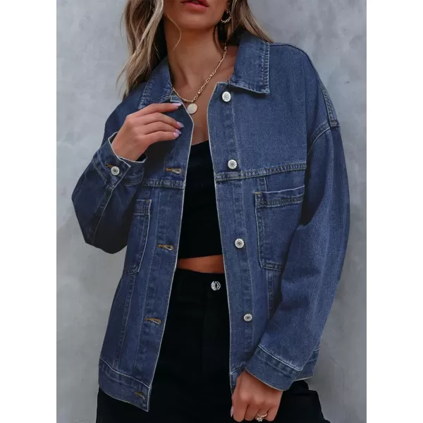 Sidefeel Womens Denim Jean Jackets Casual Long Sleeve 2024 Fall Outfits Oversized Jean Coat with PocketsNavy Blue