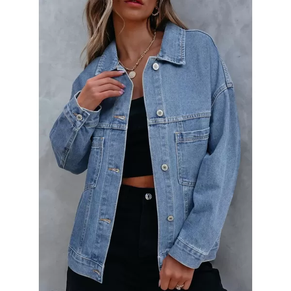 Sidefeel Womens Denim Jean Jackets Casual Long Sleeve 2024 Fall Outfits Oversized Jean Coat with PocketsSky Blue