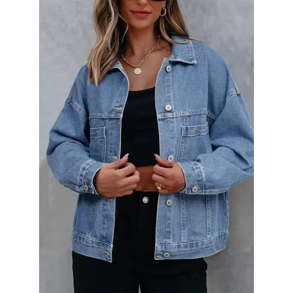 Sidefeel Womens Denim Jean Jackets Casual Long Sleeve 2024 Fall Outfits Oversized Jean Coat with PocketsSky Blue