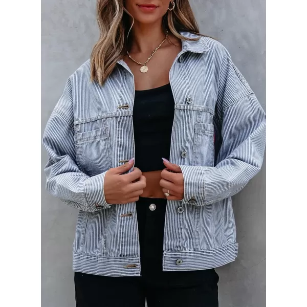 Sidefeel Womens Denim Jean Jackets Casual Long Sleeve 2024 Fall Outfits Oversized Jean Coat with PocketsSky Blue Stripe