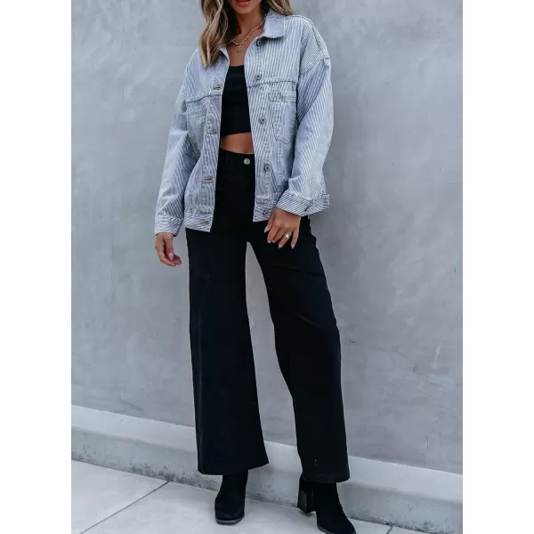 Sidefeel Womens Denim Jean Jackets Casual Long Sleeve 2024 Fall Outfits Oversized Jean Coat with PocketsSky Blue Stripe