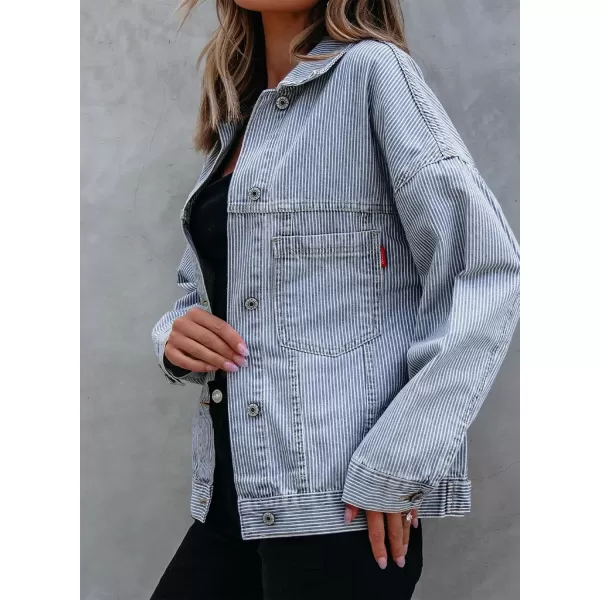 Sidefeel Womens Denim Jean Jackets Casual Long Sleeve 2024 Fall Outfits Oversized Jean Coat with PocketsSky Blue Stripe