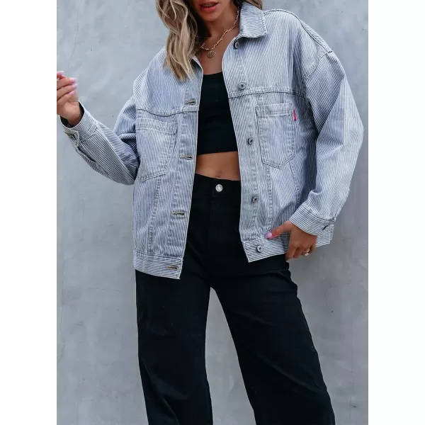 Sidefeel Womens Denim Jean Jackets Casual Long Sleeve 2024 Fall Outfits Oversized Jean Coat with PocketsSky Blue Stripe