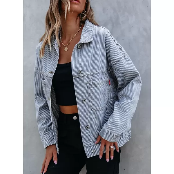 Sidefeel Womens Denim Jean Jackets Casual Long Sleeve 2024 Fall Outfits Oversized Jean Coat with PocketsSky Blue Stripe