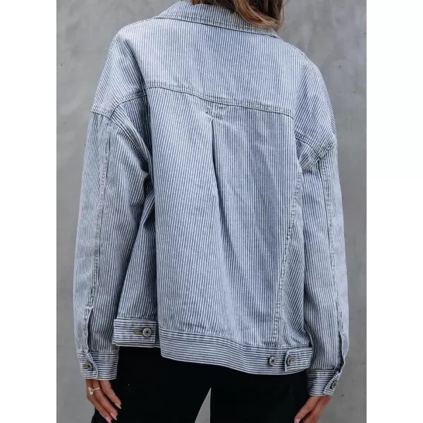 Sidefeel Womens Denim Jean Jackets Casual Long Sleeve 2024 Fall Outfits Oversized Jean Coat with PocketsSky Blue Stripe