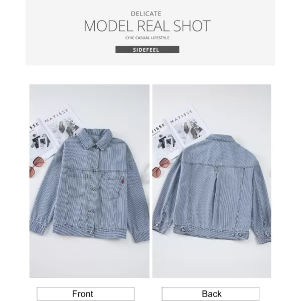 Sidefeel Womens Denim Jean Jackets Casual Long Sleeve 2024 Fall Outfits Oversized Jean Coat with PocketsSky Blue Stripe