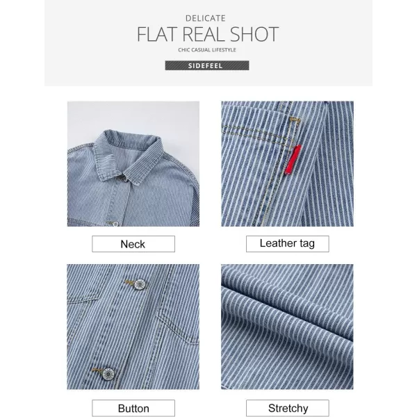 Sidefeel Womens Denim Jean Jackets Casual Long Sleeve 2024 Fall Outfits Oversized Jean Coat with PocketsSky Blue Stripe