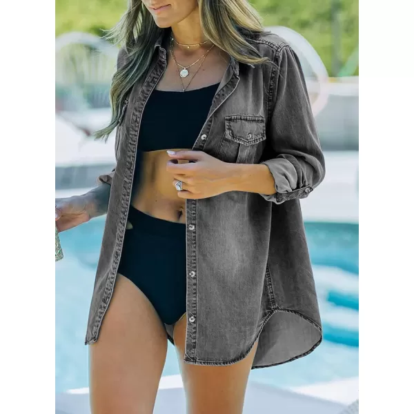 Sidefeel Womens Denim Tops Long Sleeve Shacket Jackets Button Down Collared Jean Shirt Medium Black