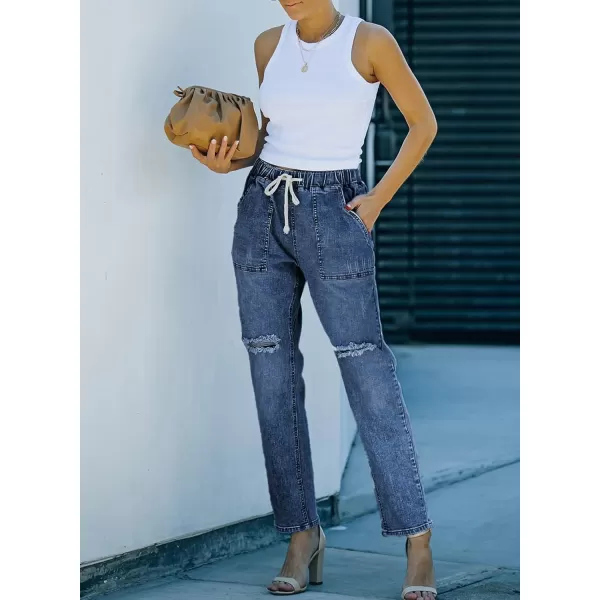 Sidefeel Womens Jeans Cargo Pants High Waisted Ripped Denim Joggers Pull On Elastic Drawstring Waist Trousers Blue Size 12