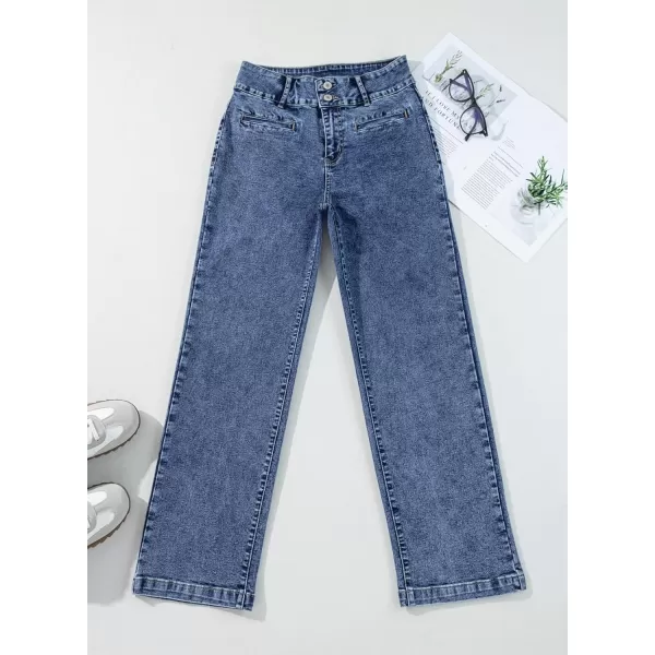 Sidefeel Womens Jeans High Waisted Straight Leg Stretchy Jeans Trendy Welt Pockets Loose Wide Leg Ankle Denim PantsWashed Blue