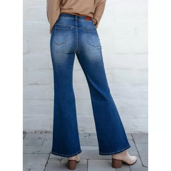 Sidefeel Womens Jeans Trendy Fall 2024 High Waisted Stretchy Flare Jeans Wide Leg Bell Bottom Slit Hem Ankle Denim PantsBlue