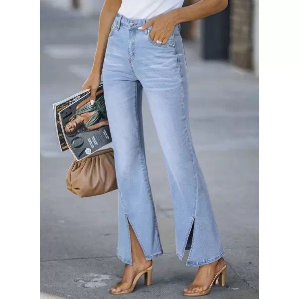 Sidefeel Womens Jeans Trendy Fall 2024 High Waisted Stretchy Flare Jeans Wide Leg Bell Bottom Slit Hem Ankle Denim PantsLight Blue