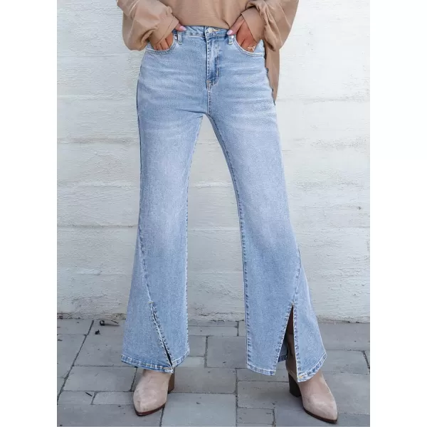 Sidefeel Womens Jeans Trendy Fall 2024 High Waisted Stretchy Flare Jeans Wide Leg Bell Bottom Slit Hem Ankle Denim PantsLight Blue