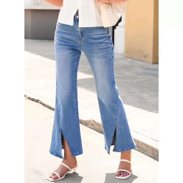 Sidefeel Womens Jeans Trendy Fall 2024 High Waisted Stretchy Flare Jeans Wide Leg Bell Bottom Slit Hem Ankle Denim PantsSky Blue