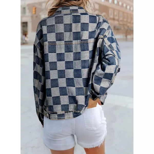 Sidefeel Womens Oversized Denim Jacket Casual Plaid Pockets Jean Jacket Autumn SpringDark Blue