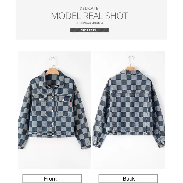 Sidefeel Womens Oversized Denim Jacket Casual Plaid Pockets Jean Jacket Autumn SpringDark Blue