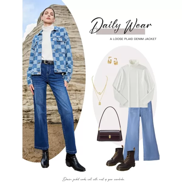 Sidefeel Womens Oversized Denim Jacket Casual Plaid Pockets Jean Jacket Autumn SpringLight Blue