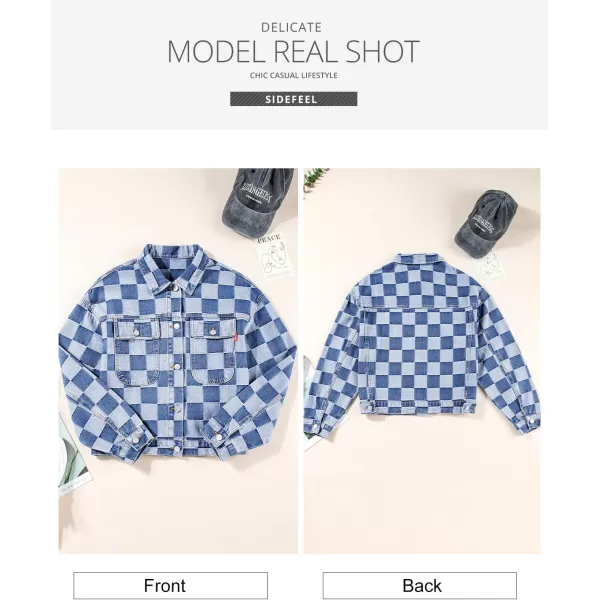 Sidefeel Womens Oversized Denim Jacket Casual Plaid Pockets Jean Jacket Autumn SpringLight Blue
