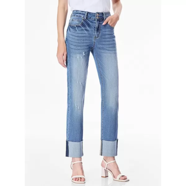 Sidefeel Womens Ripped Cuffed Jeans High Waisted Boyfriend Straight Leg Denim PantsSky Blue