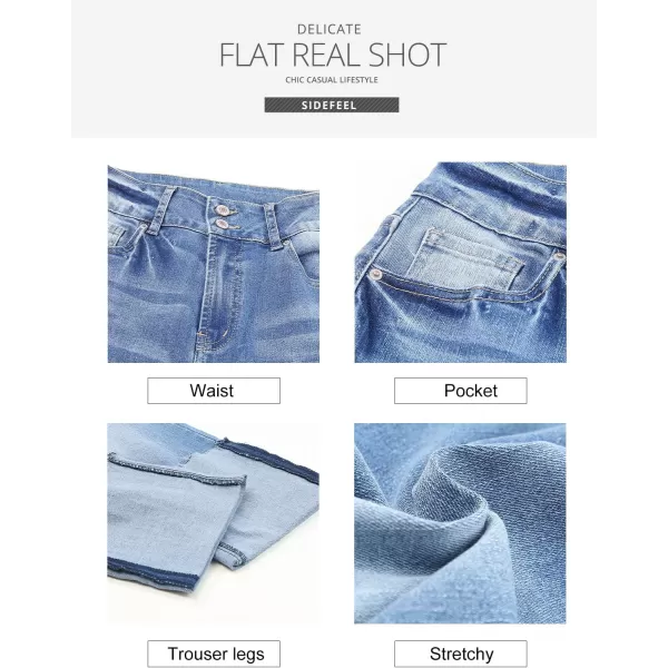 Sidefeel Womens Ripped Cuffed Jeans High Waisted Boyfriend Straight Leg Denim PantsSky Blue