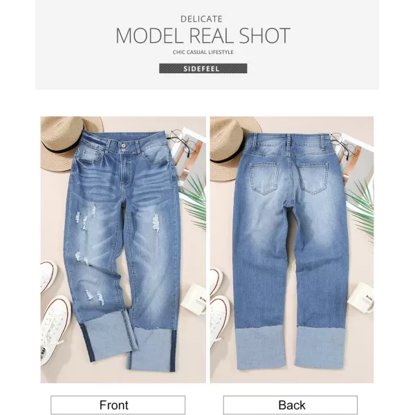 Sidefeel Womens Ripped Cuffed Jeans High Waisted Boyfriend Straight Leg Denim PantsSky Blue