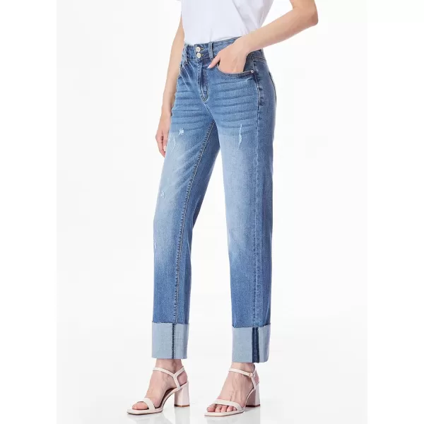 Sidefeel Womens Ripped Cuffed Jeans High Waisted Boyfriend Straight Leg Denim PantsSky Blue