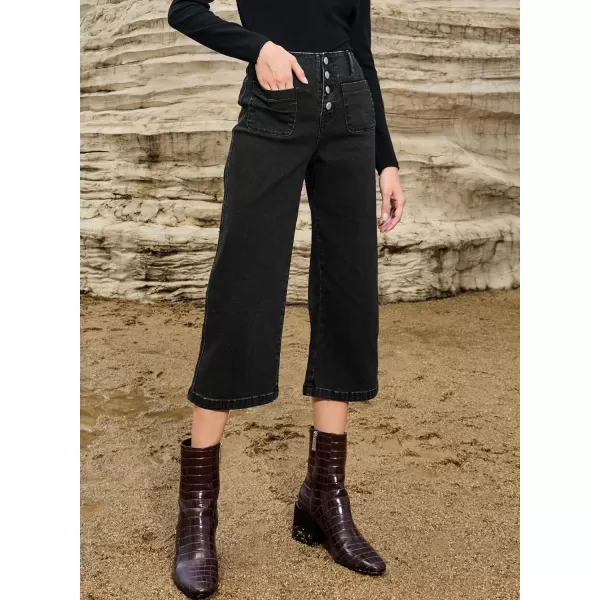 Sidefeel Womens Wide Leg Jeans High Waisted Stretchy Capri Pants Loose Denim PantsBlack