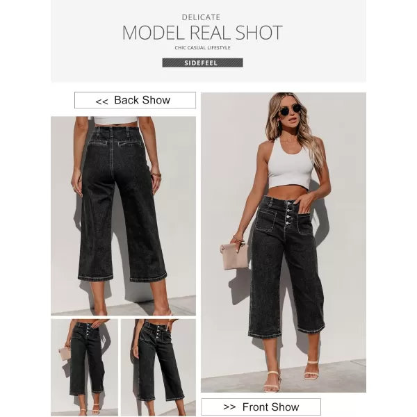 Sidefeel Womens Wide Leg Jeans High Waisted Stretchy Capri Pants Loose Denim PantsBlack