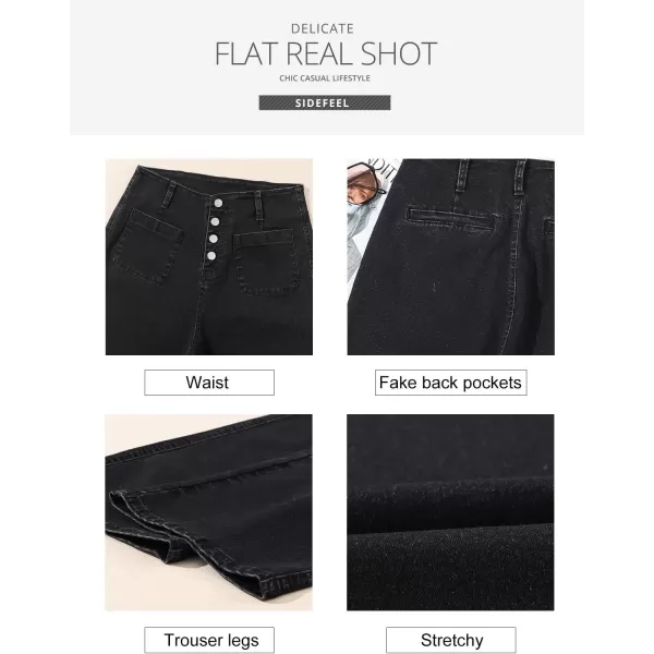 Sidefeel Womens Wide Leg Jeans High Waisted Stretchy Capri Pants Loose Denim PantsBlack