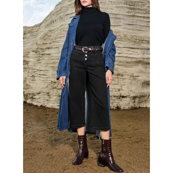 Sidefeel Womens Wide Leg Jeans High Waisted Stretchy Capri Pants Loose Denim PantsBlack