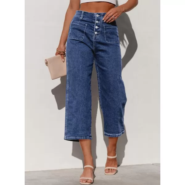 Sidefeel Womens Wide Leg Jeans High Waisted Stretchy Capri Pants Loose Denim PantsDark Blue