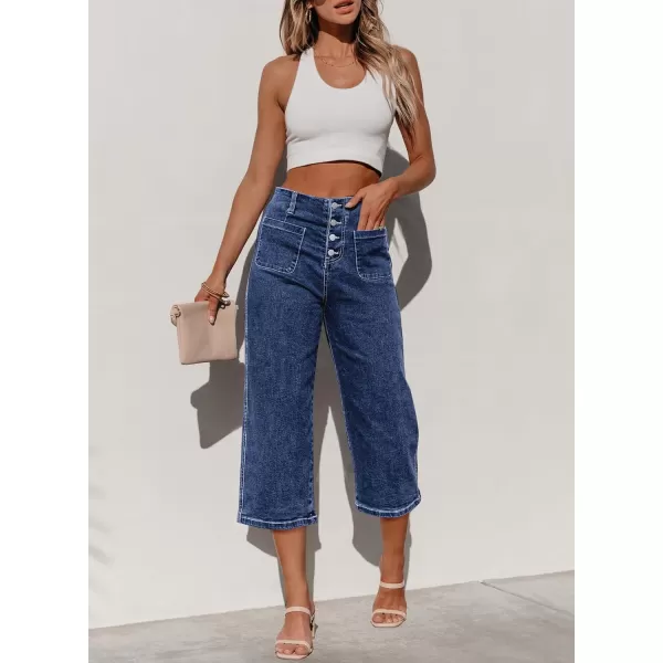Sidefeel Womens Wide Leg Jeans High Waisted Stretchy Capri Pants Loose Denim PantsDark Blue