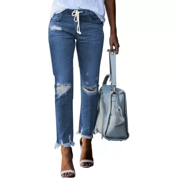 Sidefeel Womens Cargo Jeans High Waisted Ripped Denim Joggers Elastic Drawstring Waist Pants Pull On TrousersY1 Blue